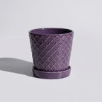 EFISPSS Ceramic Plant Pots, 5 Inch Planters with Drainage Holes and Ceramic Tray, Relief Design Flower Planter, Desktop Office Windowsill Decoration Gift Set of 4 - Purple - Image 5