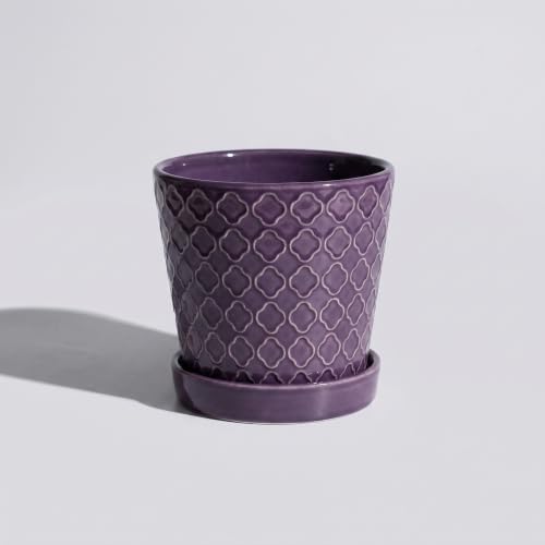 EFISPSS Ceramic Plant Pots, 5 Inch Planters with Drainage Holes and Ceramic Tray, Relief Design Flower Planter, Desktop Office Windowsill Decoration Gift Set of 4 - Purple - Image 5