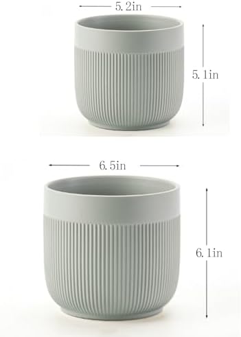Ceramic 5.2+6.5 inch Planters, Modern Home and Office Flowerpot, Indoor and Outdoor Flowerpot with Drainage Hole (Grey) - Image 2