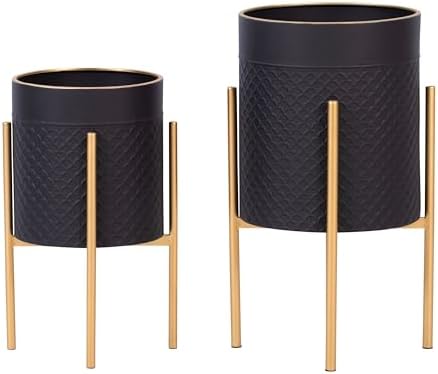 Decorative Flower Pots with Metal Stand for Home Decor - Modern Planters for Hallway, Entryway, and Living Room Decor - Indoor and Outdoor Pots for Plants - Set of 2, 23", 19", Black & Gold by NESSANDJORD