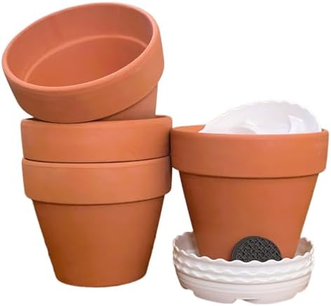 6-Inch Terracotta Pots, Set of 4 with Drainage Hole & Saucer, Breathable and Well-Drained for Indoor Outdoor Plants, Ideal for Garden Decor by Unknown