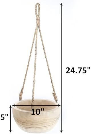 CYS EXCEL Large Wooden Hanging Planter Paulownia Wood Bowl Basket with Jute Rope for Indoor Plants Succulents - Image 2