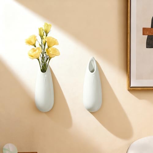 White Ceramic Wall Vases, Set of 2, 7.9 Inch, Teardrop Design - Image 7