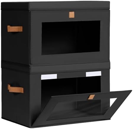 Homsorout Collapsible Storage Bins - Large Stackable Organizer Bins, Decorative Boxes with Handles & Window, Fabric Containers for Living Room, Closet, Dorm, 2 Pack, Black by Homsorout