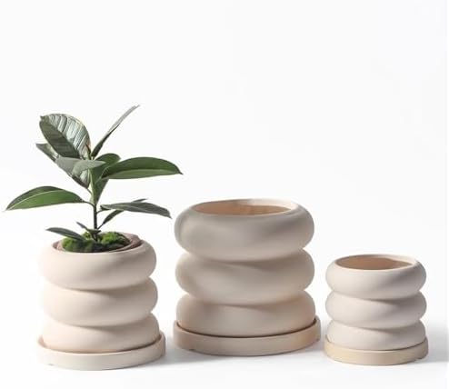 Planter Beige Ceramic Flower Pot, Spiral Shape Small Plant Pots, with Drainage Holes and Saucers Tray Tabletop Planter, for Balcony Garden Office Flower Pots - Image 5