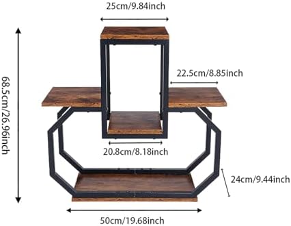 Wooden Plant Stand Indoor, 26.96" Tall Flower Stand with Square Brown Shelves, 5-Tier Black Metal Plant Shelf Corner Flower Rack, Unique Geometry Flower Pot Holder, Multi-tiered Display Shelf for Living Room Bedroom Study Room Balcony Office - Image 3