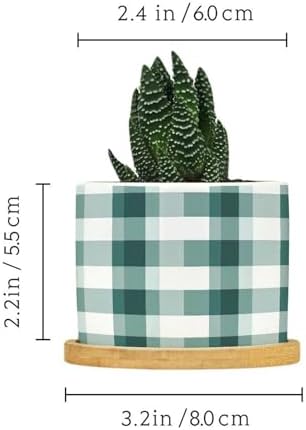 Sage Green Buffalo Plaid Planter Ceramic Green Buffalo Check Round Flower Pot with Drainage Holes and Bamboo Tray Pot for Home Office Desk Garden - Image 2