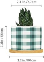 Sage Green Buffalo Plaid Planter Ceramic Green Buffalo Check Round Flower Pot with Drainage Holes and Bamboo Tray Pot for Home Office Desk Garden - Image 2