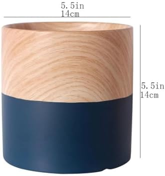 Planter Cylindrical Planter Pot, with Saucers Tray and Drainage Holes Ceramic Flower Pot, Blue with Woodgrain Small Planter, for Balcony Living Room Bedroom Flower Pots - Image 2
