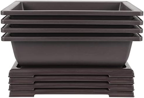 JEUIHAU 4 Pack 11 Inches Plastic Bonsai Training Pots, Bonsai Tree Pot with Humidity Trays, Rectangular Plastic Bonsai Planter for Succulent, Herb, Flower, Potted Plant by JEUIHAU