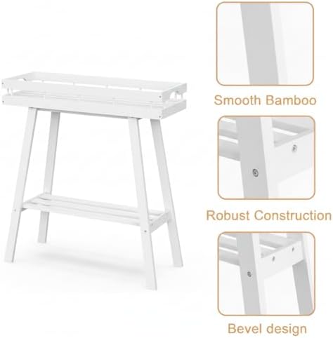 BAMBANG Bamboo Plant Stand Indoor, 2 Tier Small Plant Table, Tall Plant Stand for Indoor Plants, Window Sill Plant Shelf, Flower Pot Holder Plant Bench Plant Rack for Living Room, White - Image 3