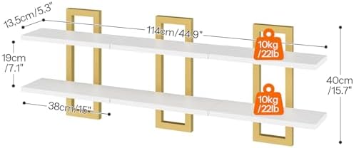 HOOBRO Floating Shelves, 15 Inch Wall Shelf Set of 3, Wall Mounted Storage Shelves 2-Tier, Hanging Bathroom Shelves, for Living Room, Bedroom, Bathroom, Kitchen, White and Gold DW32BJP301 - Image 2