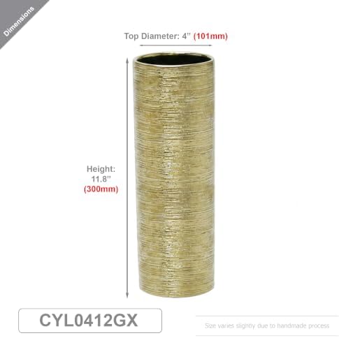 WGVI Gold Etched Ceramic Cylinder Vase, Width 4", Height 12", Flower Arrangements, Candle Holder, Terrarium Planter Pot, Storage Container Organizer, Pen Brush Holder, 1 Piece - Image 2