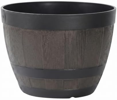 9 Inch Whiskey Barrel Planter Plastic Plant Pot with Pre Drilled Drainage Holes for Garden Brown by Unknown