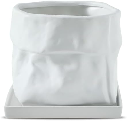 Nihow 8 Inch Ceramic Plant Pot with Drainage & Square Saucer,White by Nihow