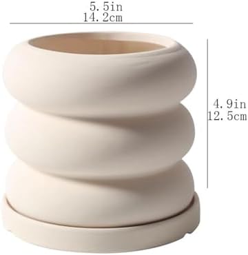 Planter Beige Ceramic Flower Pot, Spiral Shape Small Plant Pots, with Drainage Holes and Saucers Tray Tabletop Planter, for Balcony Garden Office Flower Pots - Image 2