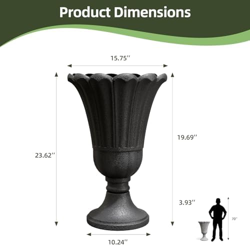 Tall Plastic Urn Planters for Outdoor Plants Set of 2-23.6" H Classic Petal Design Indoor Large Flower Pots with Drainage Holes, Outdoor Planters for Porch Decor/Garden Vase, Black - Image 2