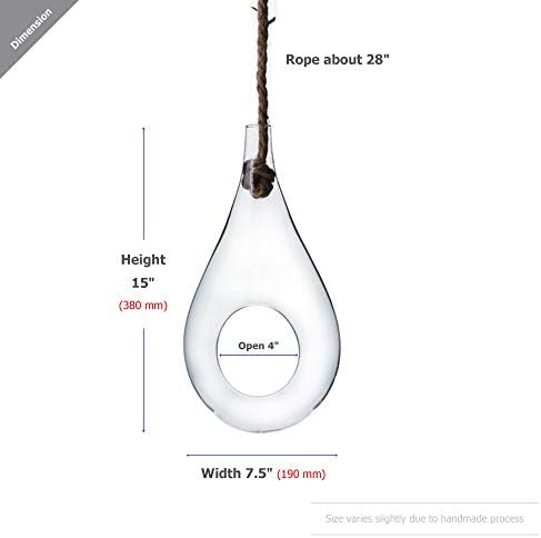 WGV Hanging Planter Terrarium, Width 7.5", Height 15", DIY Clear Glass Succulents Air Teardrop Floral Container (Including Rope), Candle Holder Vase for Outdoor Indoor Decor, 1 Piece - Image 2