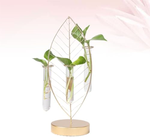 Abaodam Golden Leaf Iron Frame Glass Flower Vase with 3 Test Tubes Hydroponic Planter for Home Plant Propagation and Floral Arrangement Decor - Image 6