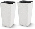 Worth Garden 22" Tall Planters Set of 2 - Plastic White Square Plant Pots with Drainage Hole - Modern Large Tapered Matte Wavy Tree Flower Pot for Indoor Outdoor Porch Deck by WORTH
