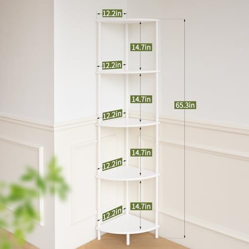 Yoobure Corner Shelf Stand, 5-Tier Bookshelf, 65" Tall Shelves for Bedroom, Living Room, Narrow Display Shelf Bookcase, White Book Shelf with Display Shelves for Office - Image 2
