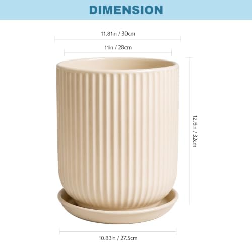 Deep Dream 12 Inch Ceramic Pots for Plants, Heavy Plant Pot for Indoor Outdoor Plants, Large Plant Pot with Drainage Hole and Saucer, Modern Tall Flower Pot, Gifts for Plant Lovers, Cream - Image 3