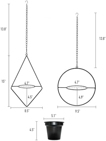 Modern Metal Hanging Planters Set of 2 - Round and Diamond Geometric Plant Hangers with 5 Inch Pots - Black Wall and Ceiling Mount Flower Holders for Indoor Houseplants, Boho Home Décor - Image 4