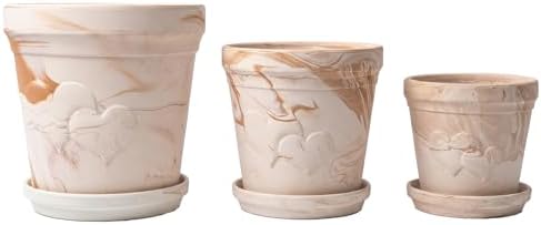 Set of 3 Unglazed Terracotta Plant Pots with Saucers, 6/8/10 Inch Embossed Heart Breathable Planters, Macchiato Marbled Pots for Indoor Outdoor Plants, Root Rot Prevention by Unknown