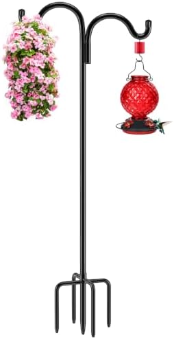 Gtongoko Double Shepherds Hook for Outdoor, 92 Inch Bird Feeder Pole with 5 Prongs Base, 5/8 Inch Thick Heavy Duty Adjustable Garden Hook for Hanging Plant, Lantern, Hummingbird Feeder, 1 Pack by Gtongoko