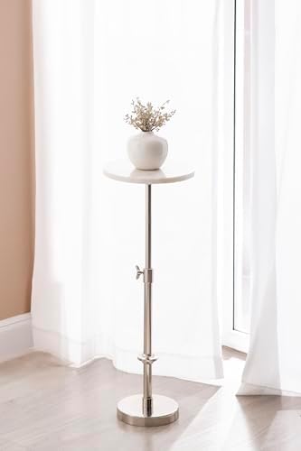 Kate and Laurel Engles Traditional Adjustable-Height Pedestal Drink Table, 10 x 10 x 30, White Marble and Silver Chrome, Vintage Round Indoor Metal Plant Stand with Authentic Marble Tabletop - Image 4