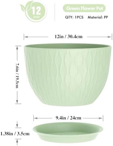 WSMKSZ 12 Inch Large Plant Pots for Indoor or Outdoor Plants, Wide Water Ripples Flower Pots with Drainage Holes & Saucer, Plastic Planters Set for Garden & Home Decor (Green) - Image 2