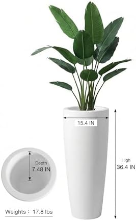 Tall 36" White Fiberglass Planter - Large Modern Lightweight Tapered Round Indoor/Outdoor Elegant Decorative Pot for Plants, Trees & Home Decor - 8" D x 16" W x 36.4" H - Image 3