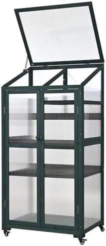 Small Greenhouse 62" H Cold Frame Portable Greenhouse with Lockable Wheels Openable Roof and Adjustable Shelves 3-Tier Wooden Greenhouse Cabinet for Indoor Outdoor Patio Balcony Garden, Forest Green - Image 7