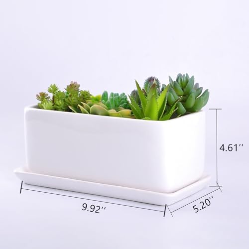 VanEnjoy 10 Inch White Rectangle Ceramic Succulent Planter Pot Decorative Cactus Plant Pot Flower Container with Ceramic Tray - Image 2