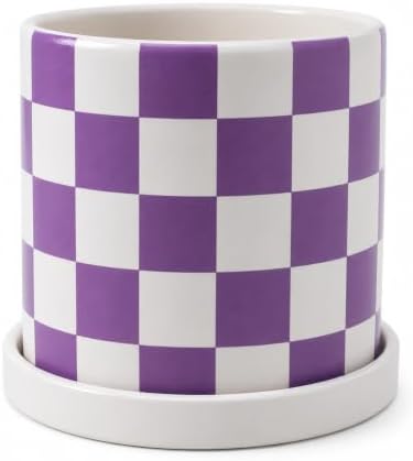 Checkered Ceramic Planter Pot with Drainage Hole and Saucer, Black and White Planters Decor,Indoor Cylinder Round Planter Pot (Purple, Medium) by ASLASL