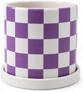 Checkered Ceramic Planter Pot with Drainage Hole and Saucer, Black and White Planters Decor,Indoor Cylinder Round Planter Pot (Purple, Medium) by ASLASL