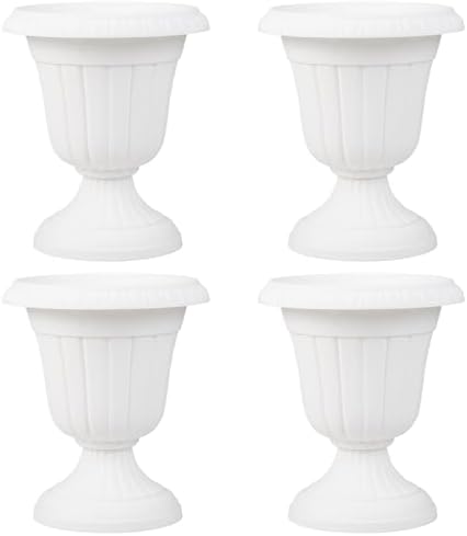 Giantex 18" Tall Vintage Planters Set of 4, Urn Plastic Flower Pots with/Pedestal Base & Pre-Marked Drain Hole, Indoor Outdoor Decorative Plant Containers for Front Porch Home Wedding (White) by Giantex
