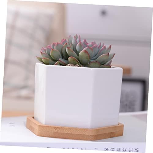 Mikikit White Ceramic Hexagonal Succulent Pots 2 Sets with Bamboo Tray - Image 2