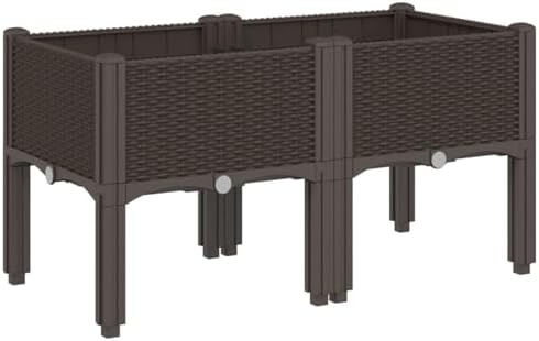 Gecheer Elevated Garden Planter Box with Legs, 80x40x42 cm Brown PP Raised Planter with Rattan Look, Large Outdoor Flower Pot for Patio Terrace Vegetables Climbing Plants, Easy Drainage Design - Image 2