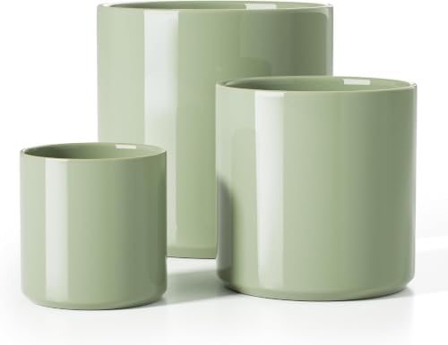 10+8+6 Inch Ceramic Plant Pots Set of 3 with Drainage Hole and Plug Modern Cylinder Indoor Planters for Living Room Kitchen Glossy Sage Green by Unknown