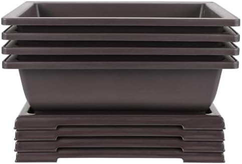 JEUIHAU 4 Pack 14 Inch Bonsai Training Pots with Tray, Rectangular Plant Pot with Drainage Hole, Brown Bonsai Tree Pot, Plastic Bonsai Planter Pots for Succulent, Herb, Flower, Potted Plant by JEUIHAU