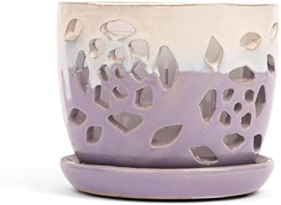 rePotme Orchid Pot - 5 inch Floral Cutout Ceramic Orchid Pot with Holes (Cream Over Lavender) - Includes 5 inch Slotted Pot Liner by rePotme