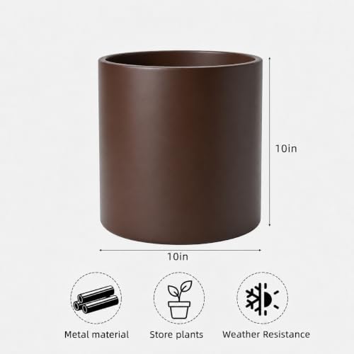 10 Inch Coffee Metal Plant Pot with Drainage Hole, Indoor Outdoor - Image 3