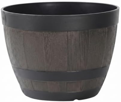 1 Pack Rustic Whiskey Barrel Planter, Textured Plastic Flower Pot with Drainage Holes for Indoor/Outdoor Use, 9 Inch Ring (Open Hole) by Unknown