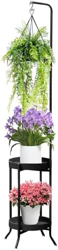 RINBOU Hanging Plant Stand Indoor Outdoor, Space-Saving Corner Metal Plant Shelf 3 Potted Flower Pot Stand, 2 Tier 61" Tall Modern Planter Holder for Patio Garden Balcony Living Room Bedroom, Black by RINBOU