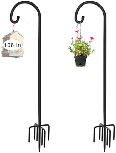 Artigarden 108 inch Outdoor Shepherd Hook with 7 Prong Base (2 Packs), Adjustable Heavy Duty Garden Hanging Stake for Bird Feeder Solar Light Plant Hanger Wedding Decor, Matte Black by Artigarden