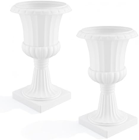 12 Inch 2 Pack Large Urn Planters For Outdoor Plants, 19.6" Tall Classic Plastic Flower Pots, Vintage Decorative Planter For Front Porch Entryway Patio Garden Wedding Home Decor (White, 2 pcs) - Image 2