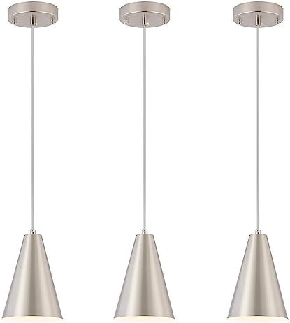 Brushed Nickel Pendant Lights Kitchen Island,Dining Room Light Fixtures Over Table 3 Pack with Silver Cone Metal Shade, Modern Farmhouse Small Chandeliers,Adjustable Cord Hanging Lighting for Sink by DIJIAHUA