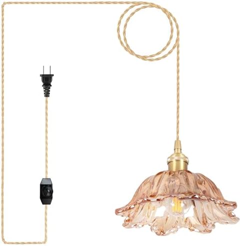 Plug in Pendant Light Fixtures,Hanging Light Fixture Amber Glass Pendant Light 10.6in E26 Pendant Lighting for Kitchen Island, Bedroom, Dining Room, Living Room by Loiogohot