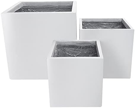Kante 16",12",10" Square Concrete Planters Set of 3 for Outdoor Indoor Home Patio Garden, Large Plant Pot with Drainage Hole and Rubber Plug, Pure White by Unknown